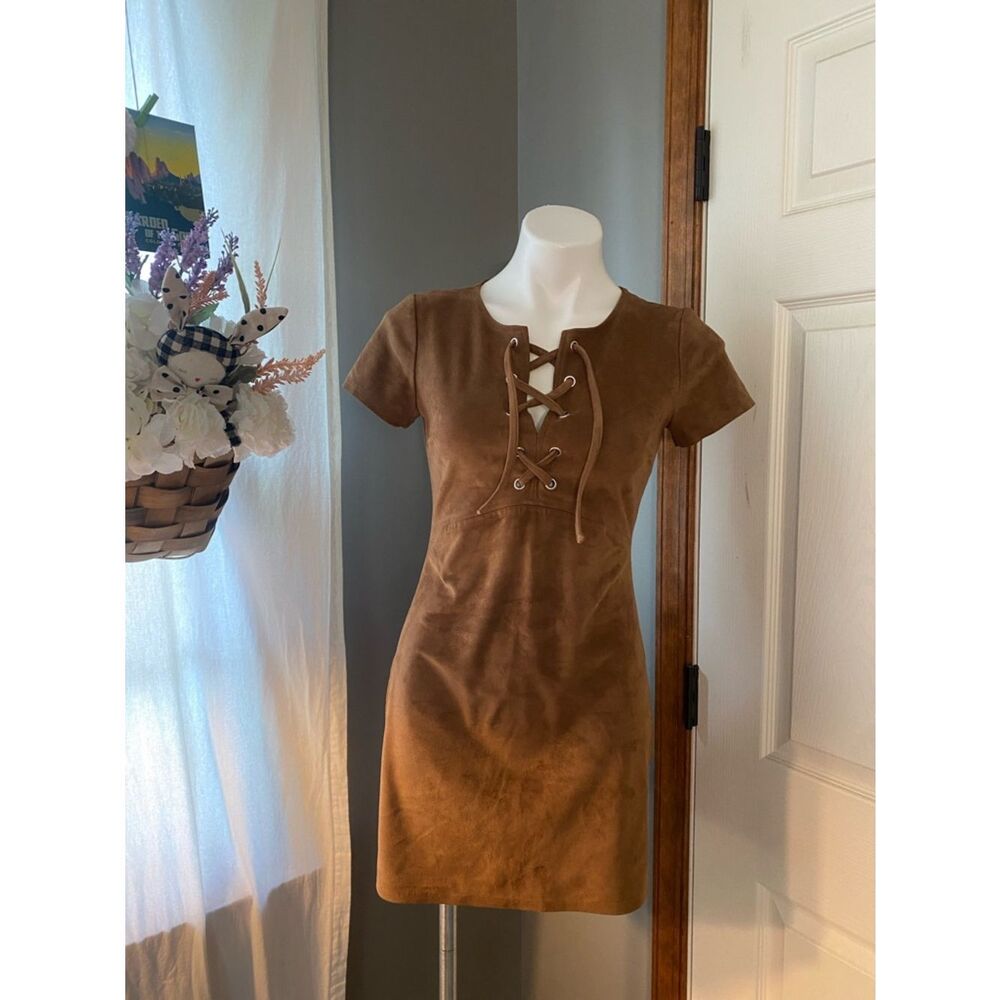 Express Lace-Up Faux Suede Mini Dress in Brown